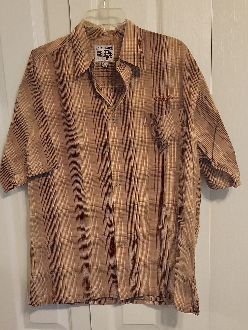Phat Farm Men’s Short-Sleeve Plaid Shirt - Beige/Brown. Lg